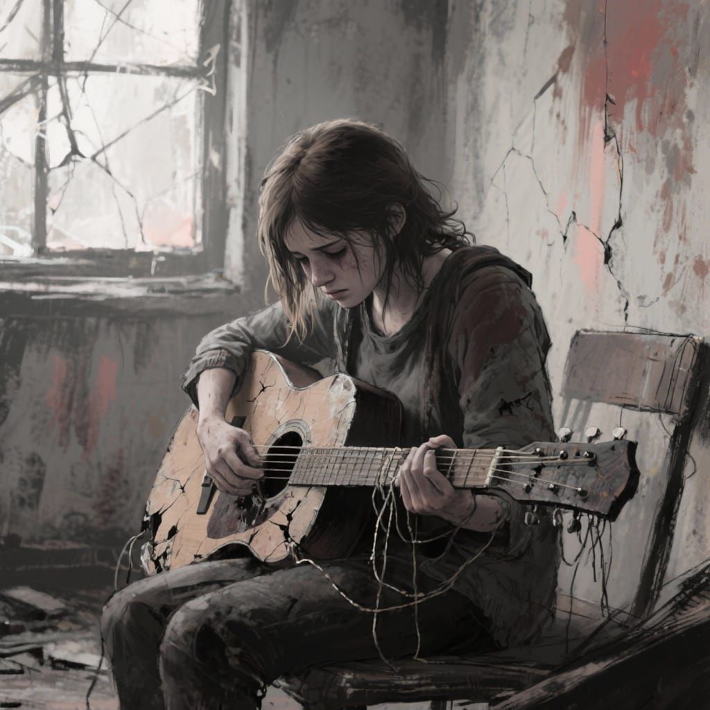 Ellie Mourns Joel with Broken Guitar in Ruined Room