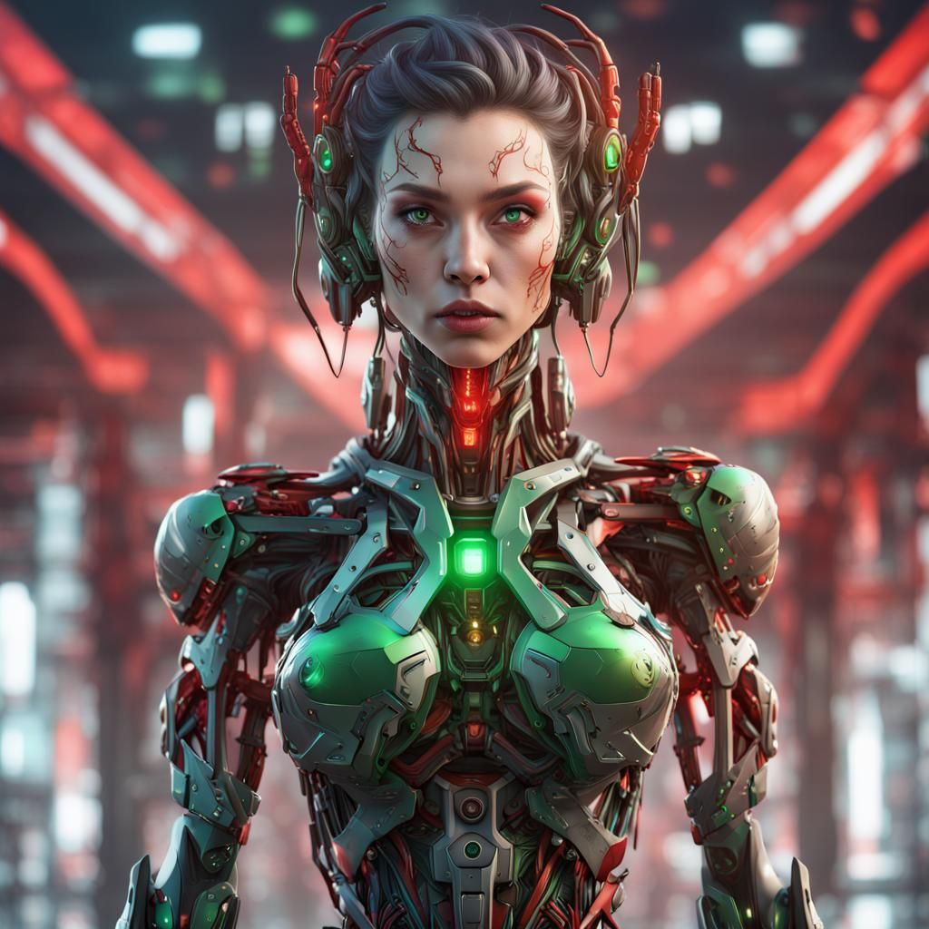 Anime Cyborg Woman in Red and Green, Detailed 4K