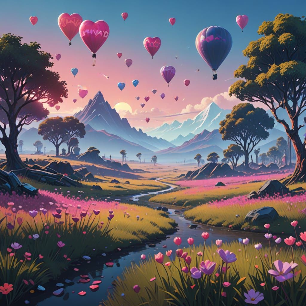 Vibrant Fantasy Hearts in a Whimsical Landscape
