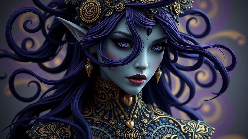 Ethereal Dark Elf Siren in Klimt-Inspired Splendor