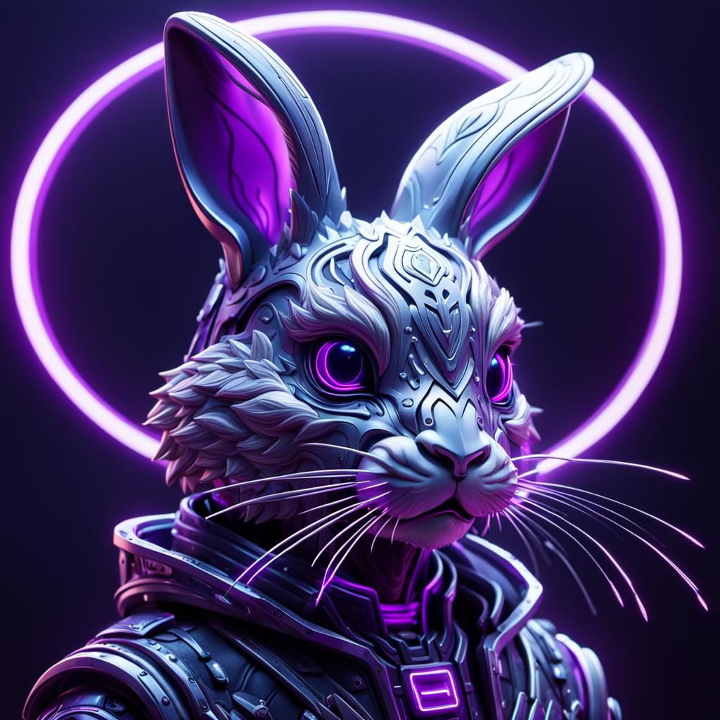 Silver Rabbit with Neon Text in Detailed Digital Painting