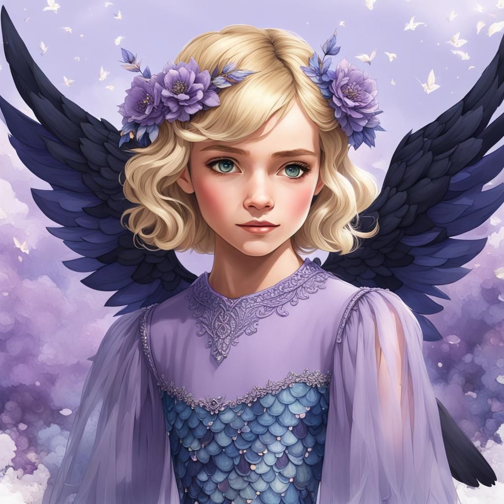 Winged Girl in Blue Dress with Scale Sleeves