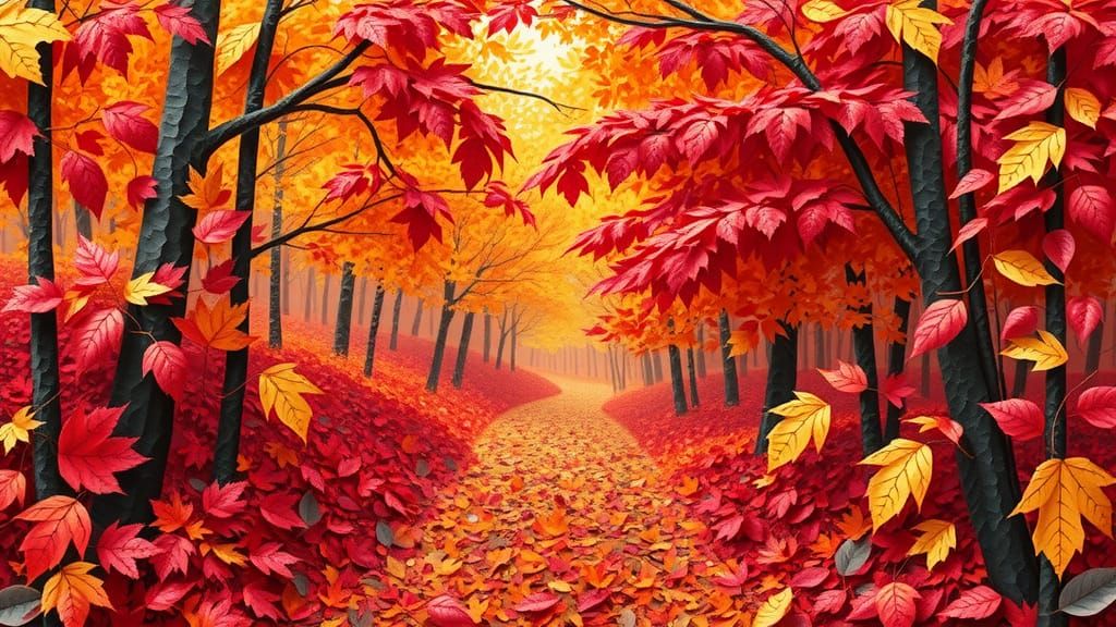 Vibrant Autumn Forest Path in Paper Collage Art