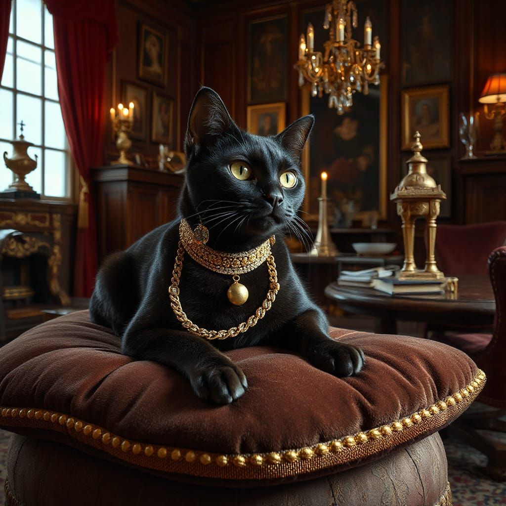 Opulent Black Cat with Golden Jewelry