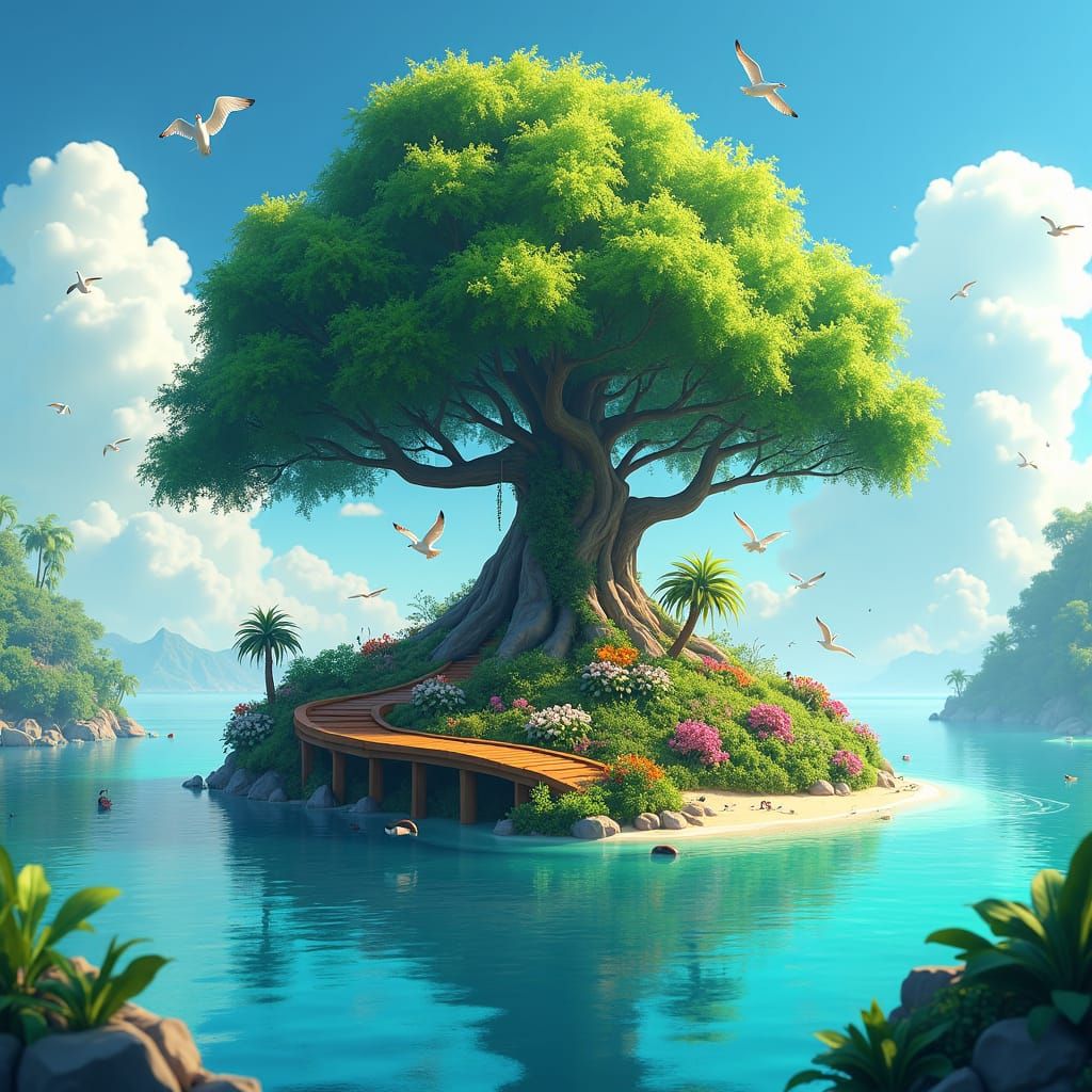 Island Paradise with Majestic Tree in 3D Anime Style