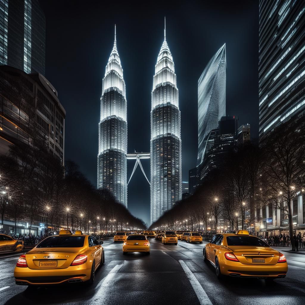 Modern Cityscape at Night: Twin Towers and Traffic