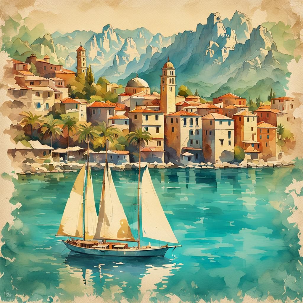 Antalya Harbor: Vintage Travel Poster in Watercolor Style