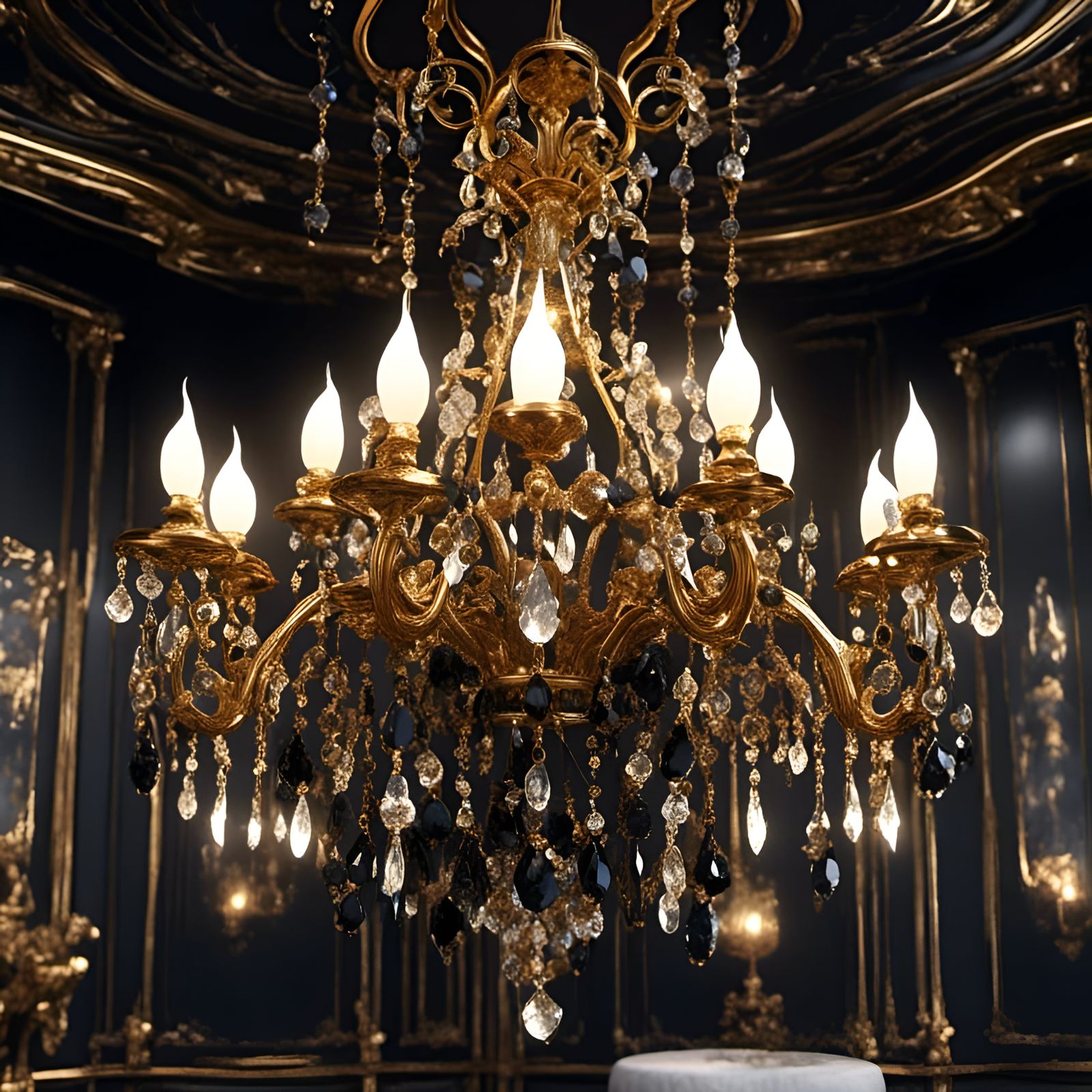 Realistic Chandelier with Gemstones and Gold Leaf