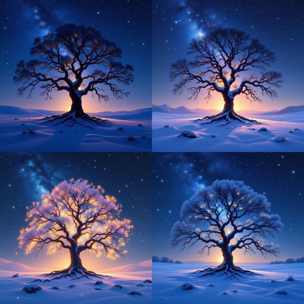 Ancient Tree Under Starry Nebula Night Sky