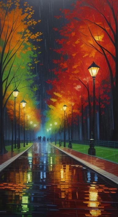 Rainy Autumn Night in Park as Paper Collage