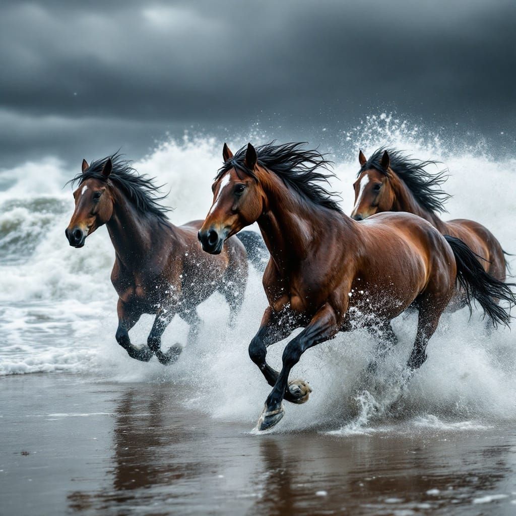 Wild Horses Galloping on Stormy Beach in Cinematic Style