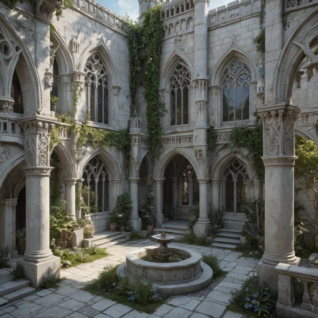 Gondorian Manor Courtyard in Neo-Gothic Style