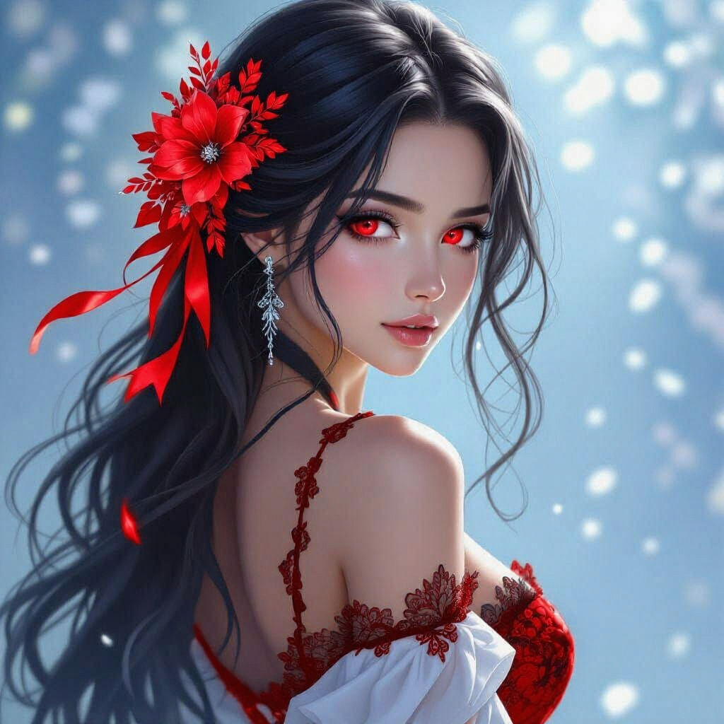 Anime Portrait of Woman with Sapphire Flowers and Flowing Ha...