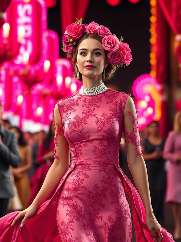 Woman Walks Confidently in Easter Parade with Pink Easter Bu...