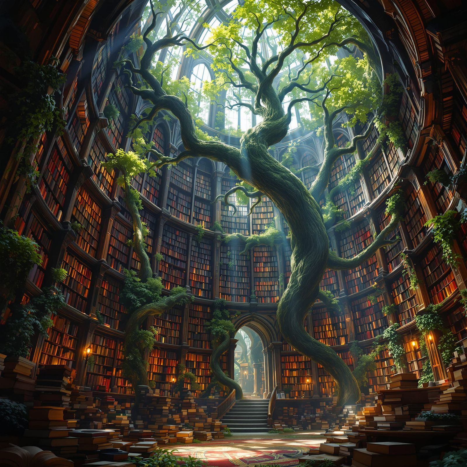 Enormous Ancient Library of Living Tree Books