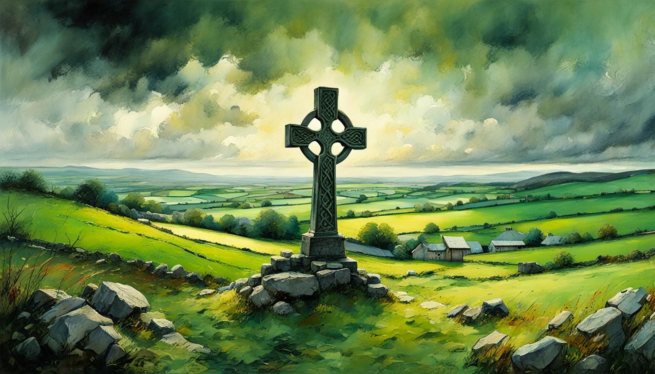 Celtic Cross Overlooking Ireland's Green Fields