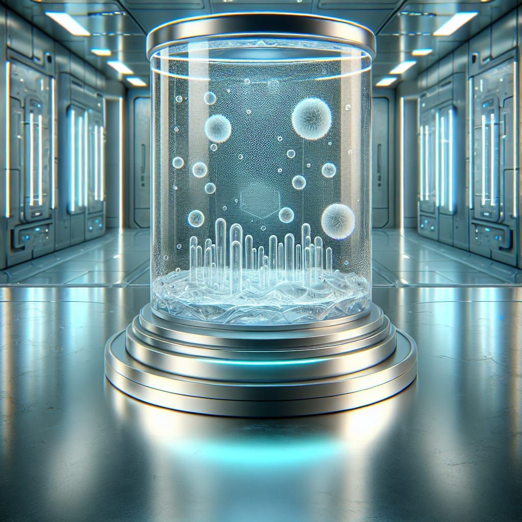 Futuristic Lab with Glowing Microorganisms in Glass Shield