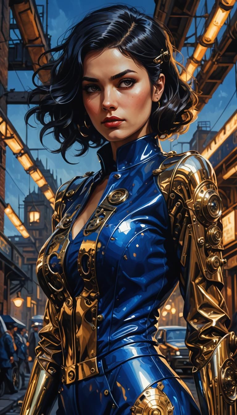 Dieselpunk Woman in Vinyl Suit Amidst Cityscape