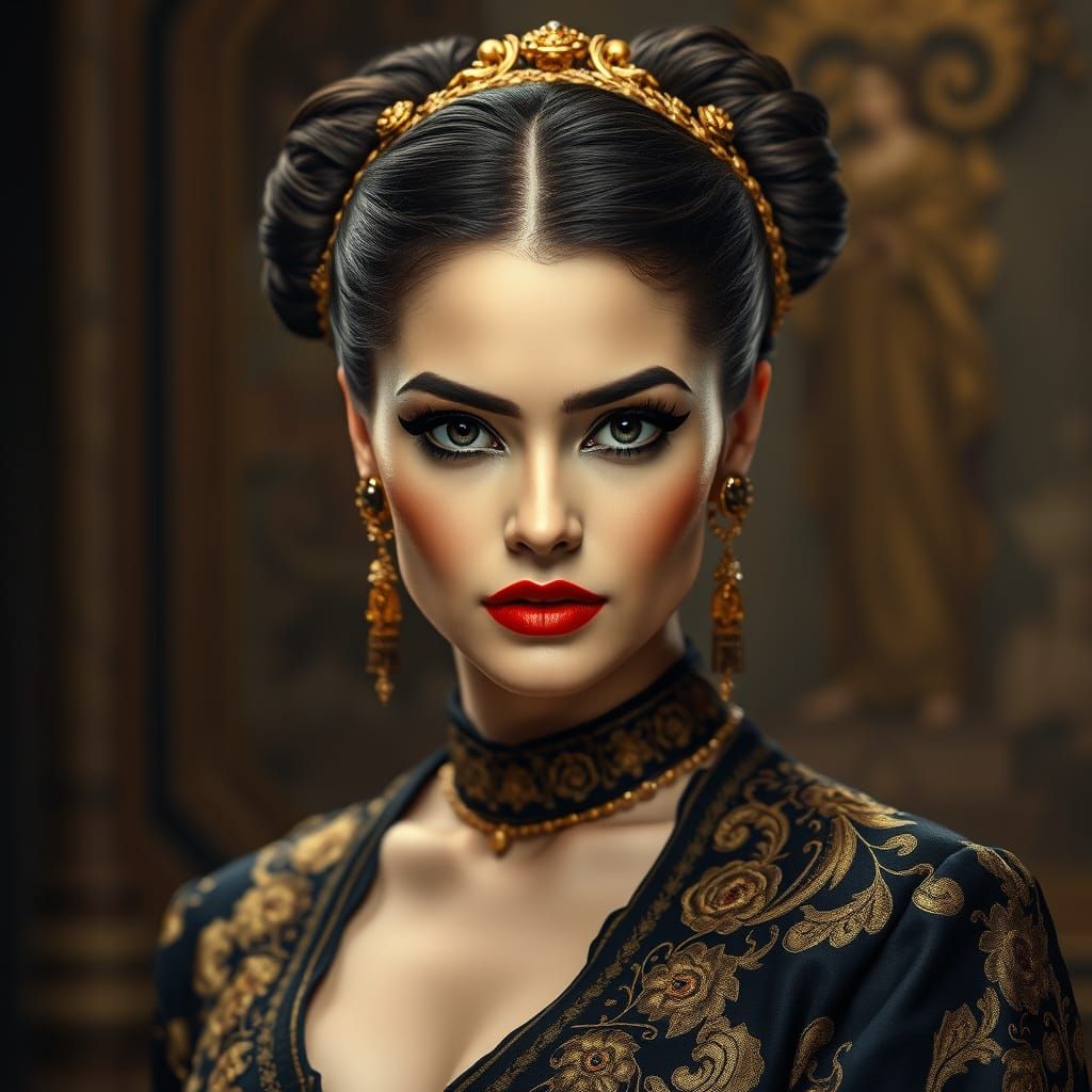 Elegant Woman in Ornate Gold Attire, Historical Grandeur