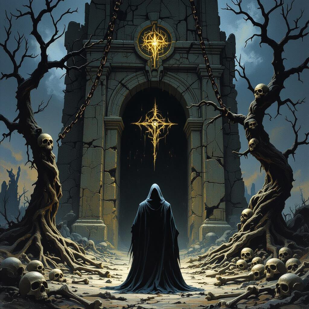 Hooded Figure at Mausoleum in Dark Fantasy Style