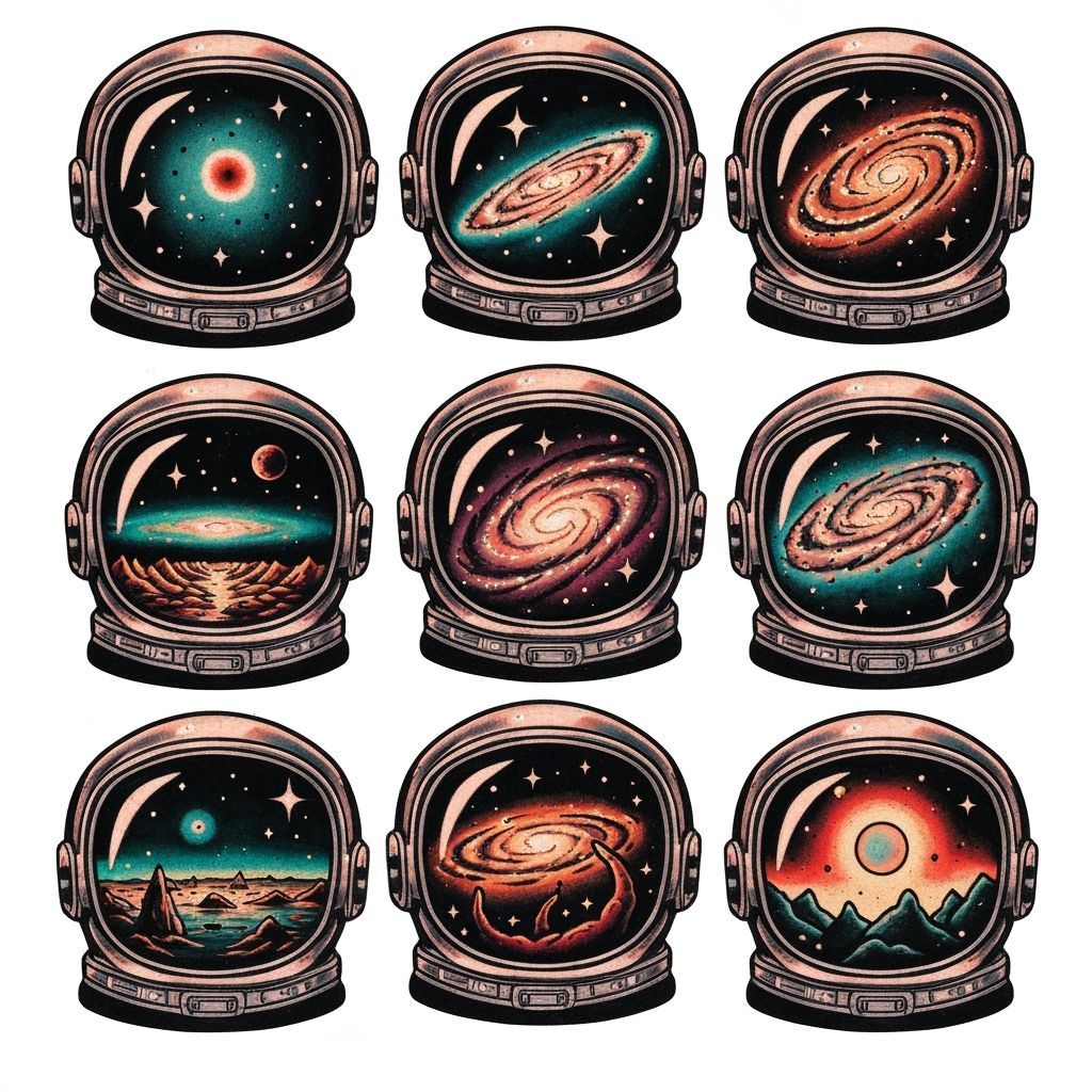 Astronaut Helmet Flash Tattoo Sheet with Cosmic Reflections