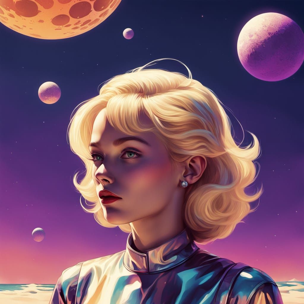 Retro-Futuristic Woman on Alien Beach with Glitch Art