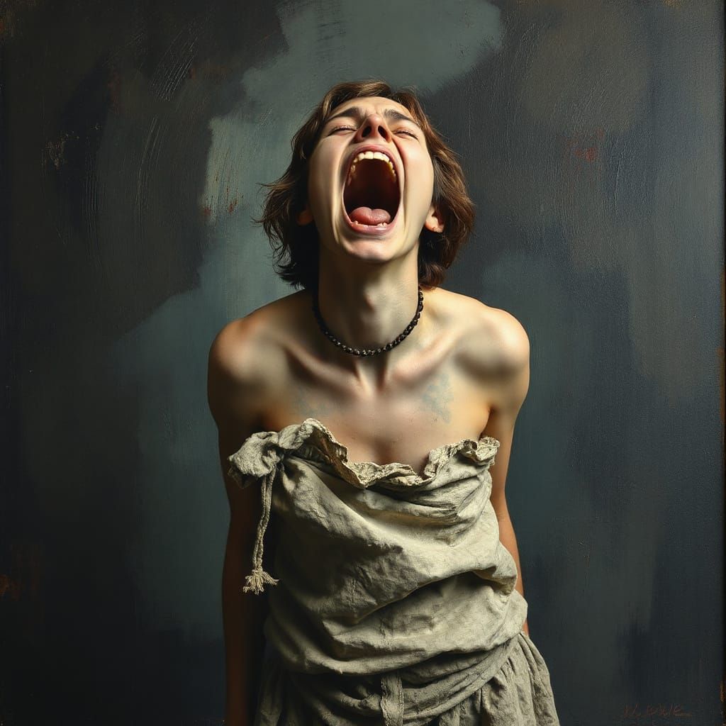 Anguished Figure Screaming in Dark, Gritty Style
