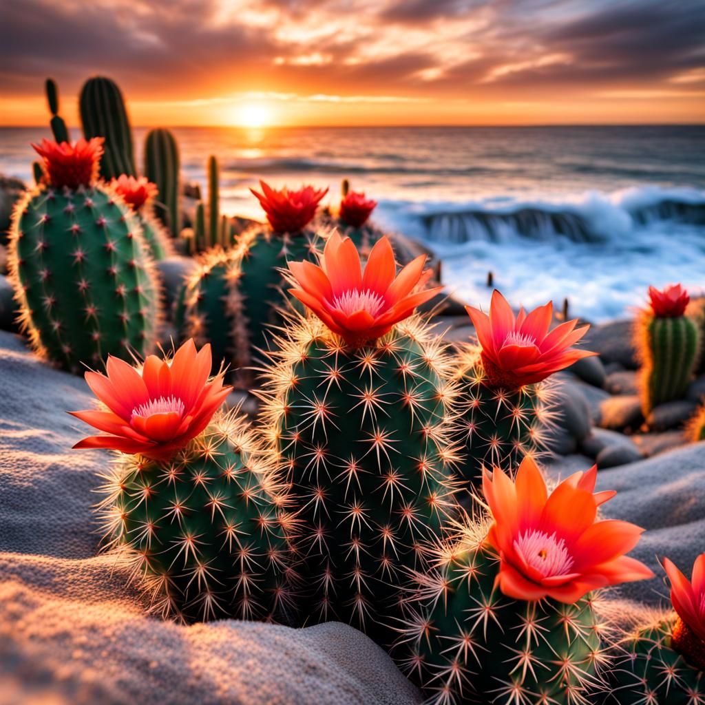 Sunset Cactus on the Beach: Hyperrealistic HDR Image