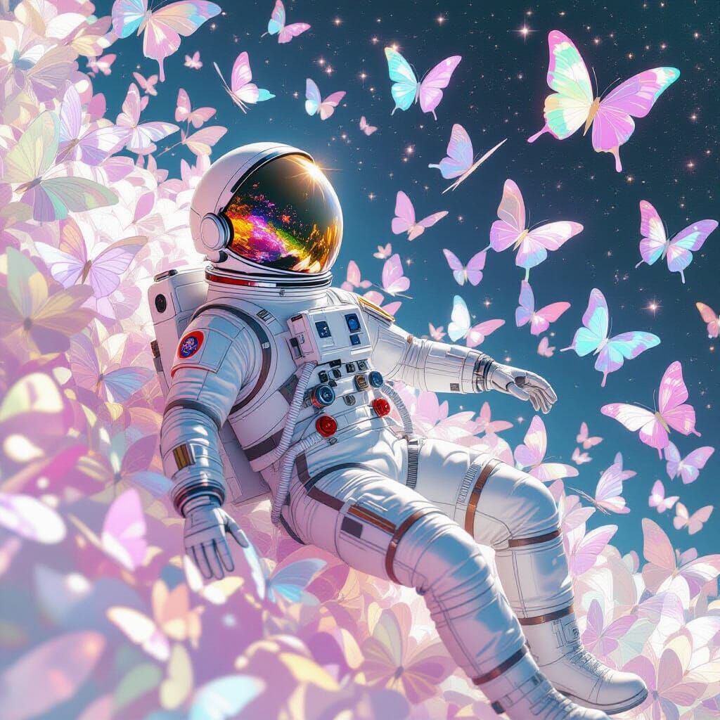 Astronaut Surrounded by Glass Butterflies in Space