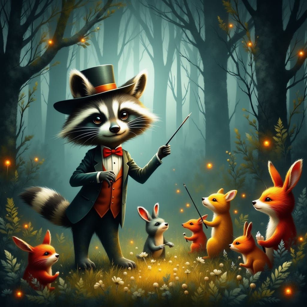 Mischievous Raccoon Conductor in a Whimsical Woodland Sympho...