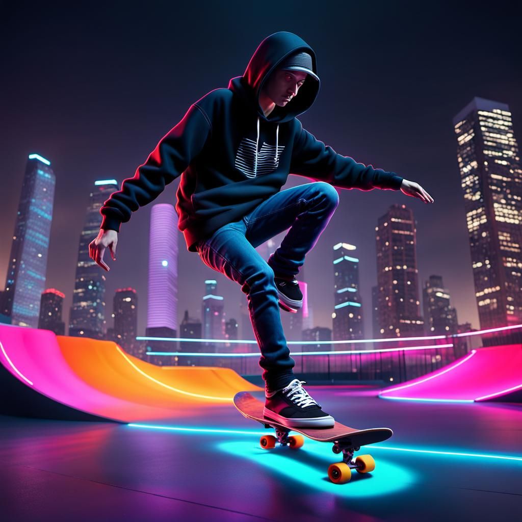 Skateboarder Does Trick in Neon Skatepark: 3D Render