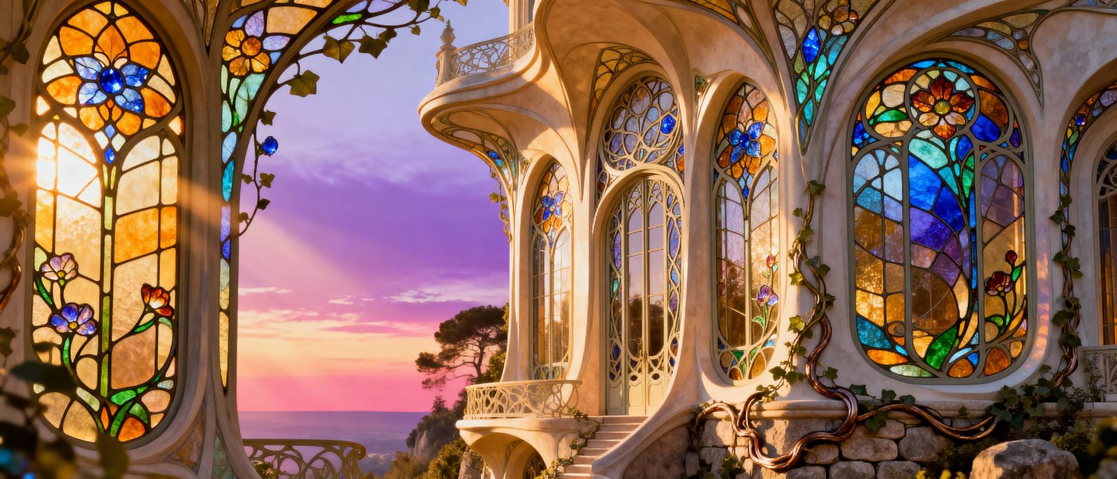 Vibrant Stained Glass Chateau at Sunset in Art Nouveau Style