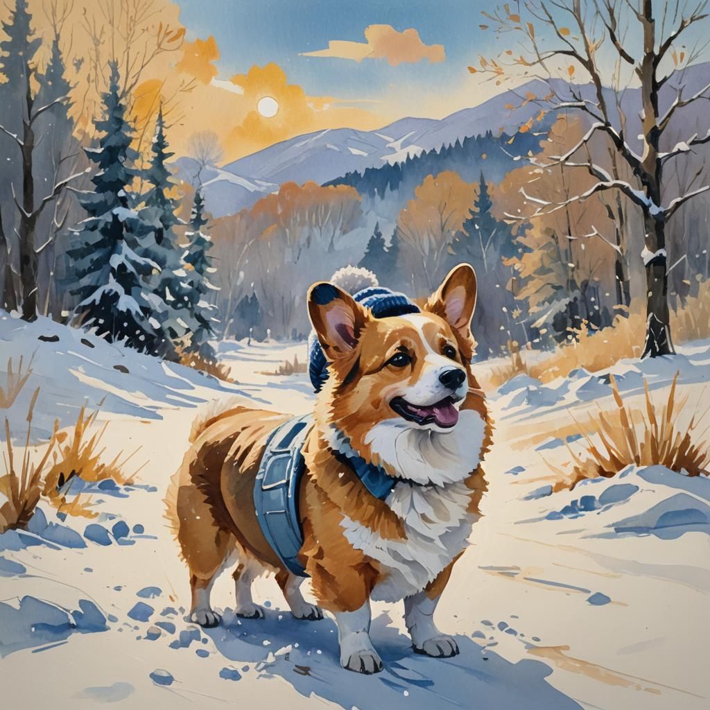 Corgi in Winter Gear: an Impressionist Gouache Painting