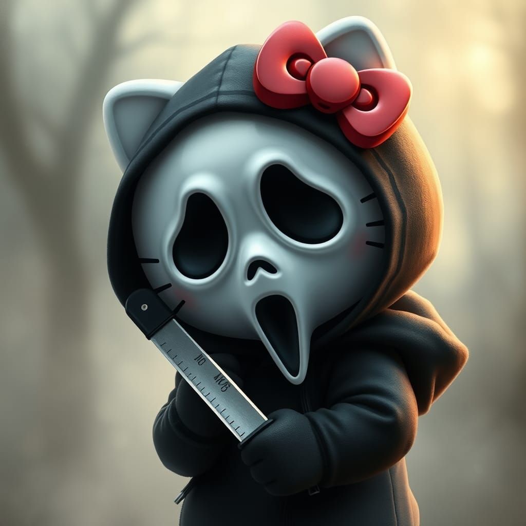 Hello Kitty as Ghostface in Ethereal Kinkade Style