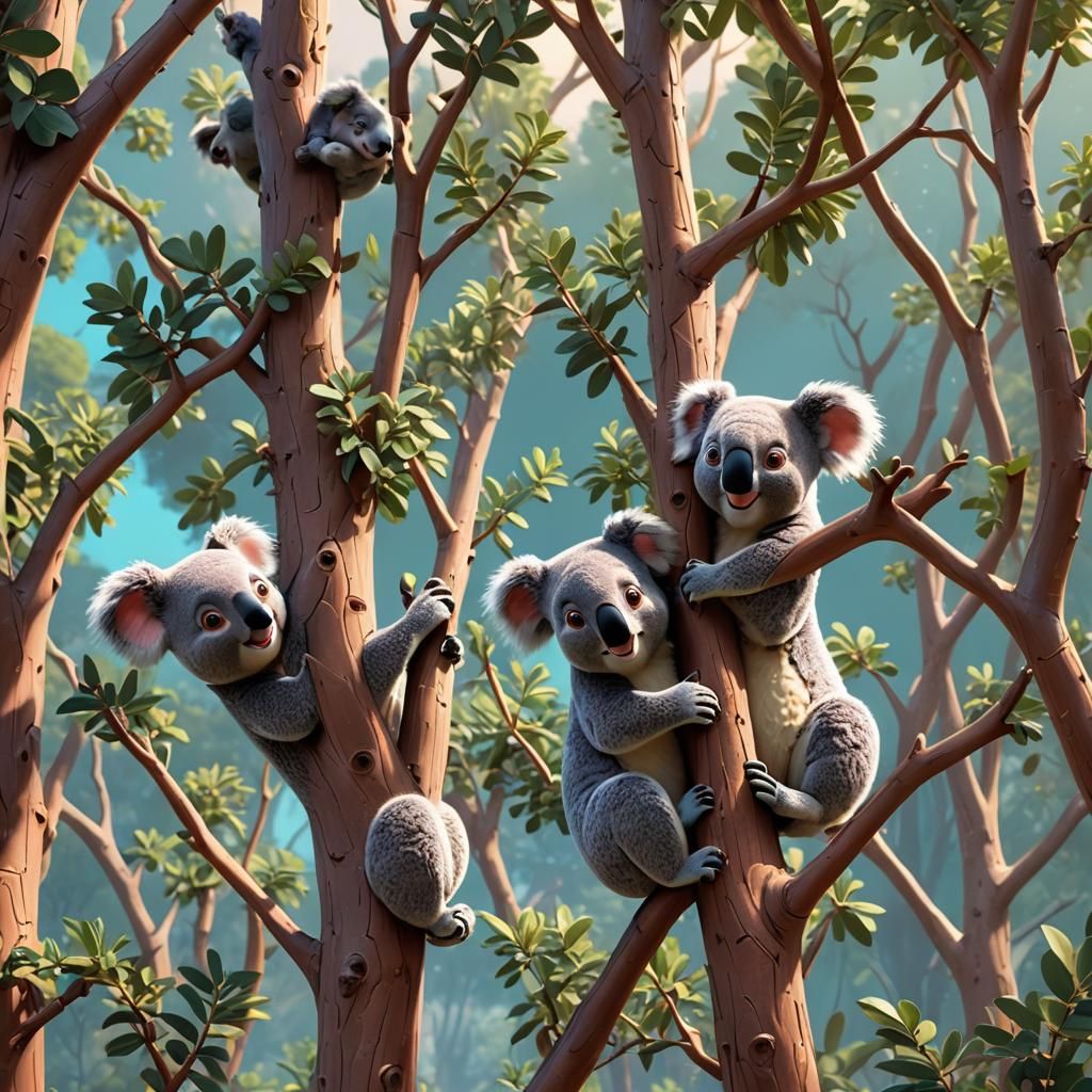 Koalas Climbing Trees in Animated 3D Art Style
