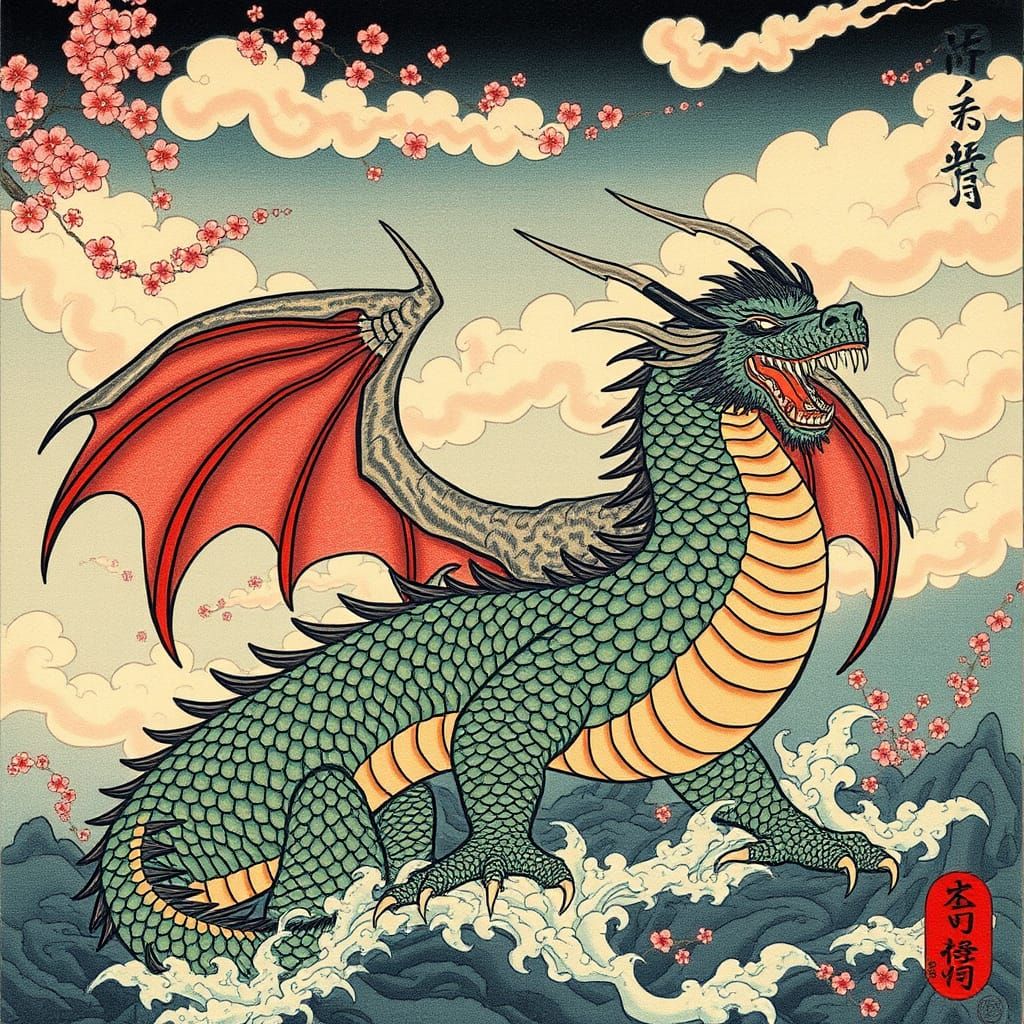 Majestic Western Dragon in Ukiyo-e Style
