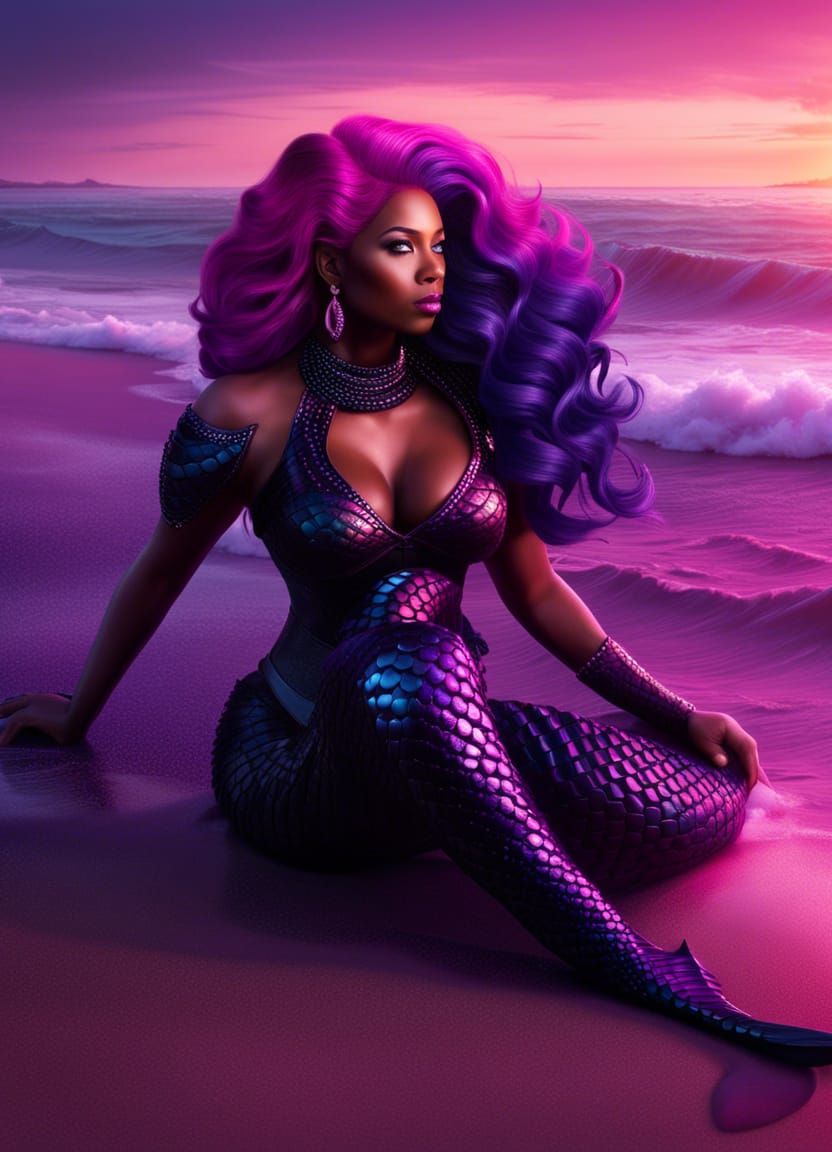 Thick Black Mermaid on Beach at Sunset