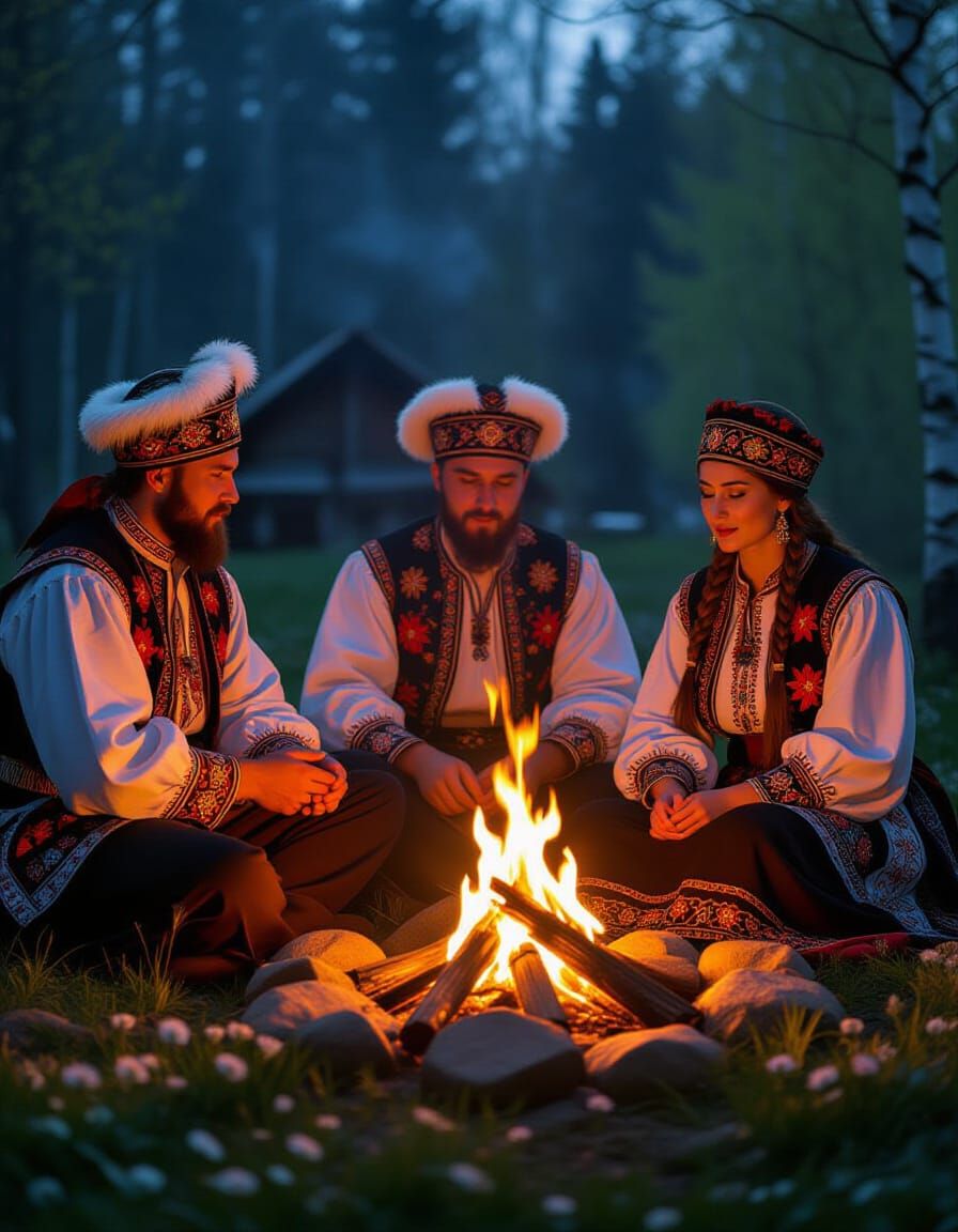 Slavic Spring Festival Radunica Around Bonfire