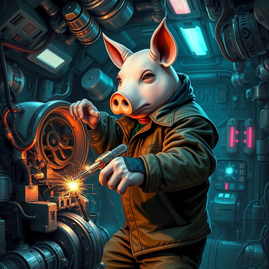 Pig-Headed Mechanic Repairs Spaceship Engine in Cyberpunk St...