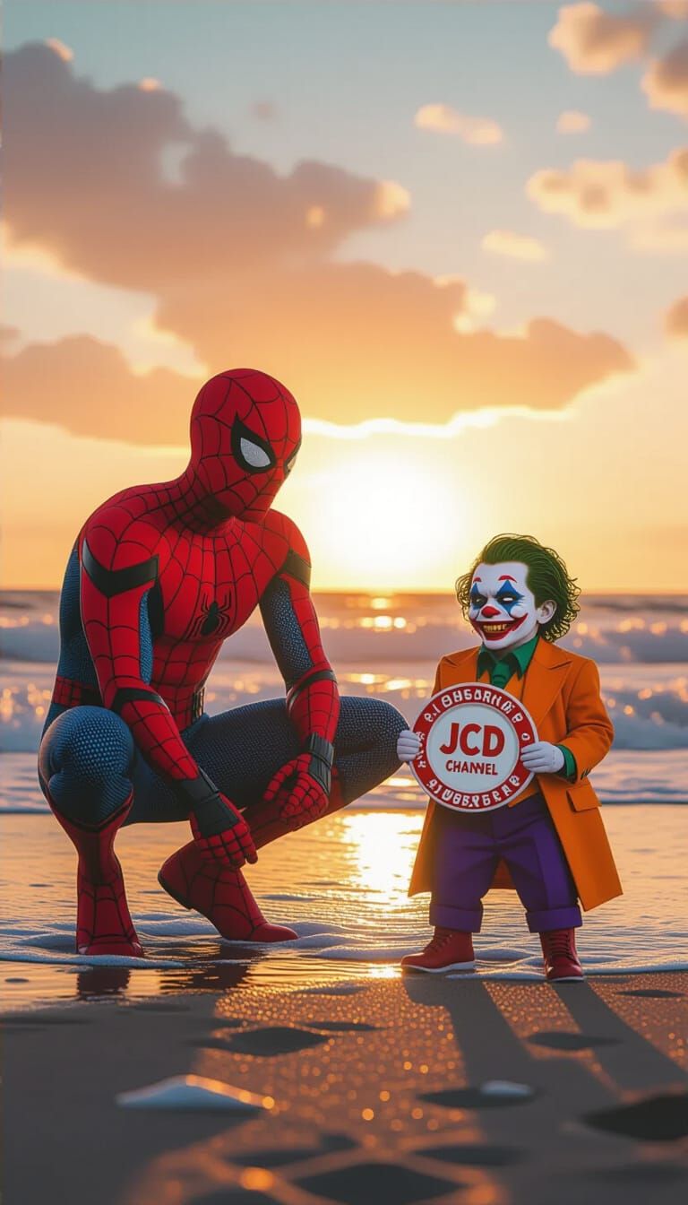 Spider-Man and Joker Kid on Sunset Beach