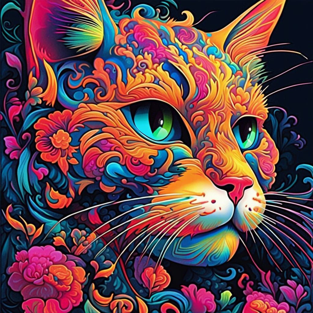Neon Cat Illustration in Art Nouveau Style