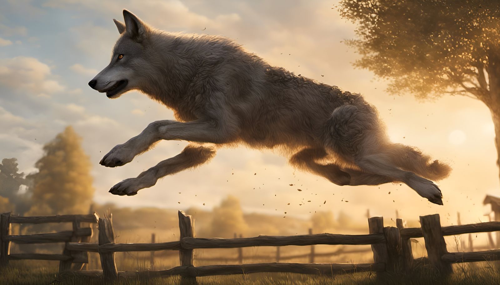 Wolf Leaps Over Fence at Sunset: Hyperrealistic Image