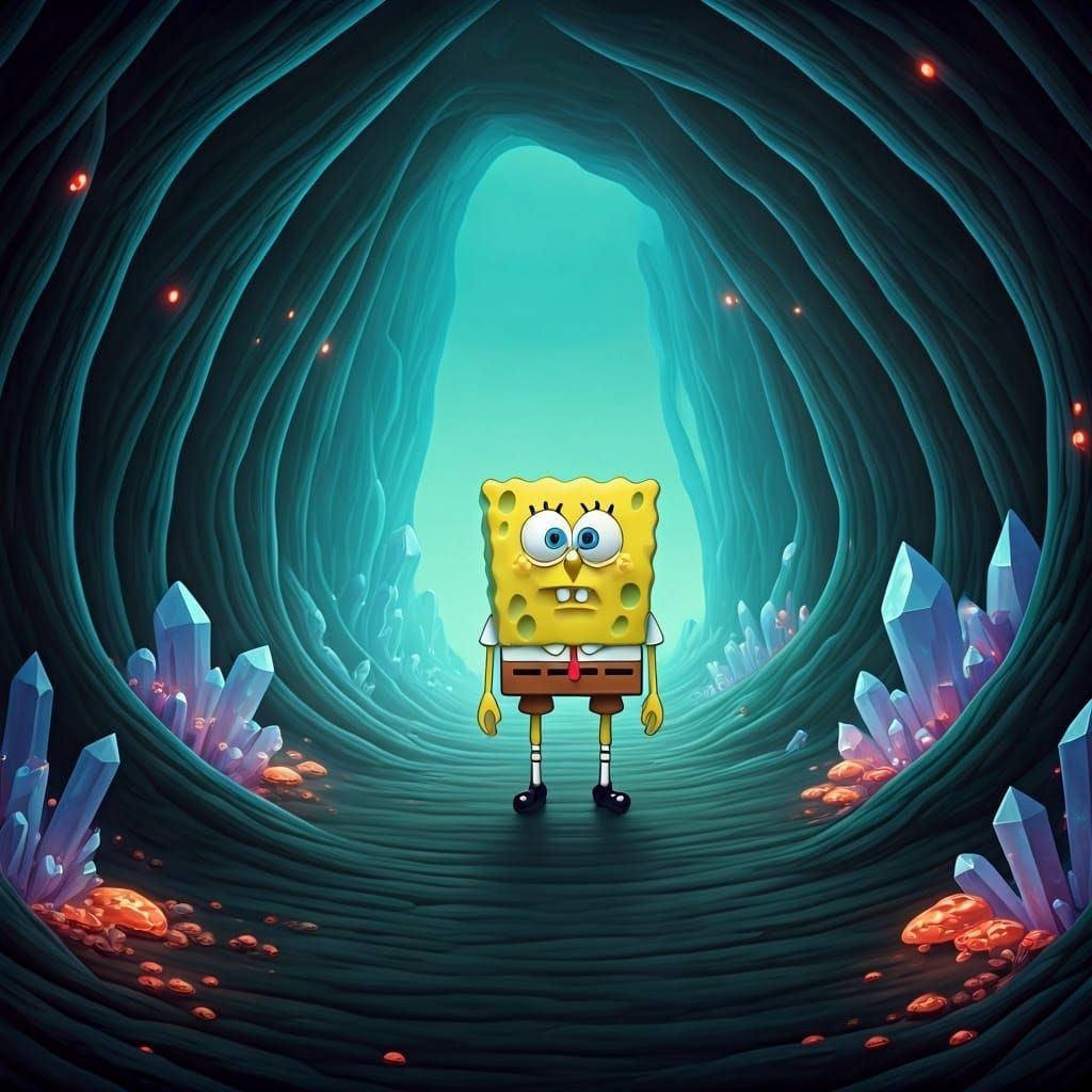SpongeBob in a Dark Cave, as 3D Digital Art
