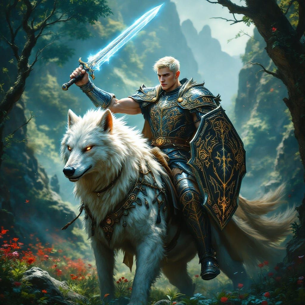 Heroic Warrior Rides Majestic Fenrir Through Dark Fantasy La...