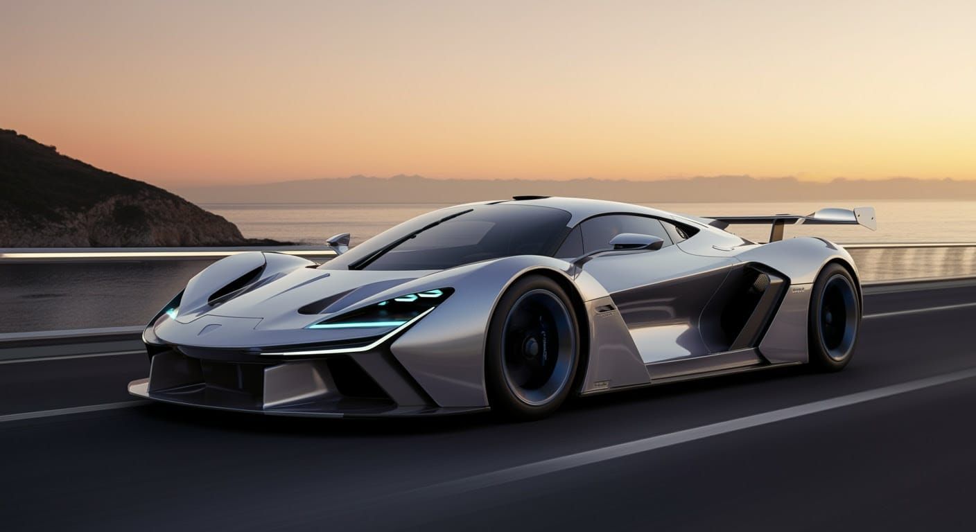 Electric Supercar on Coastal Skybridge, Futuristic Style