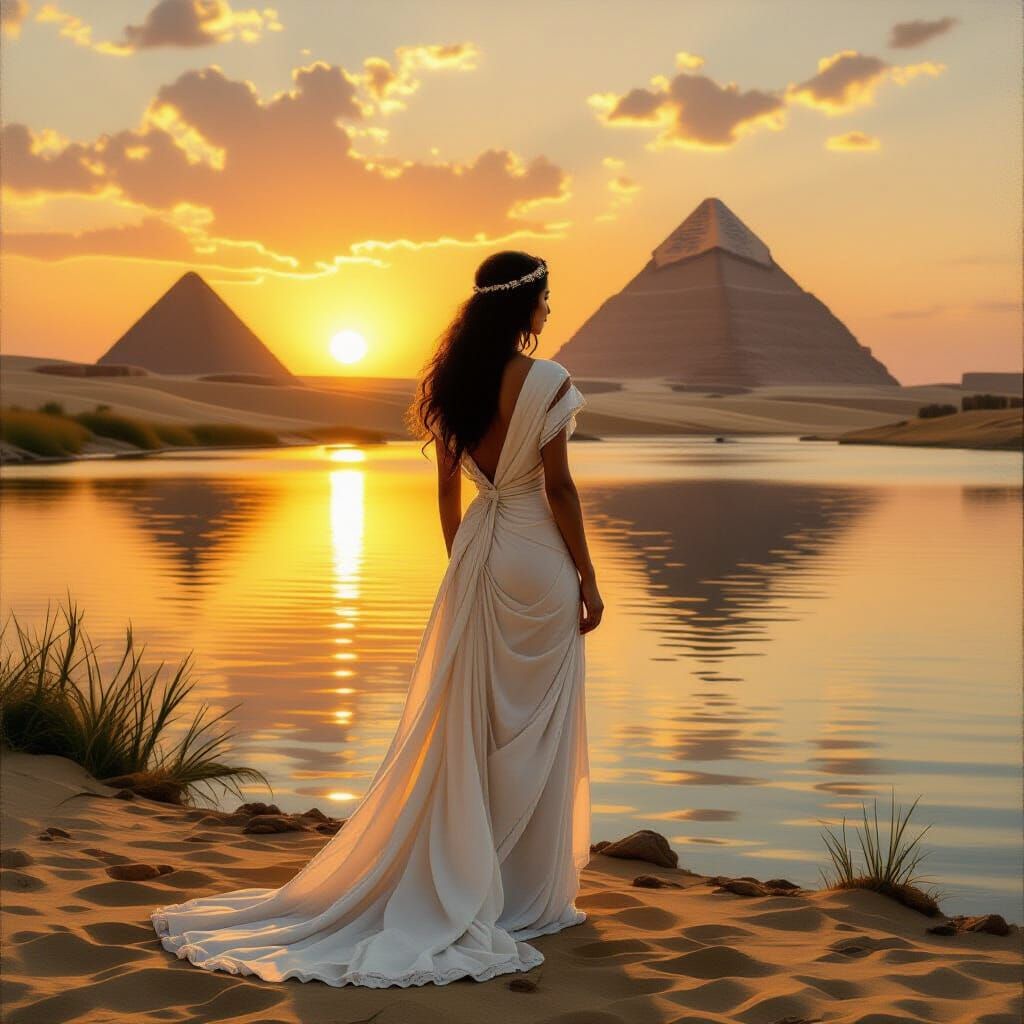 Woman at Nile River with Pyramids, Historical Painting