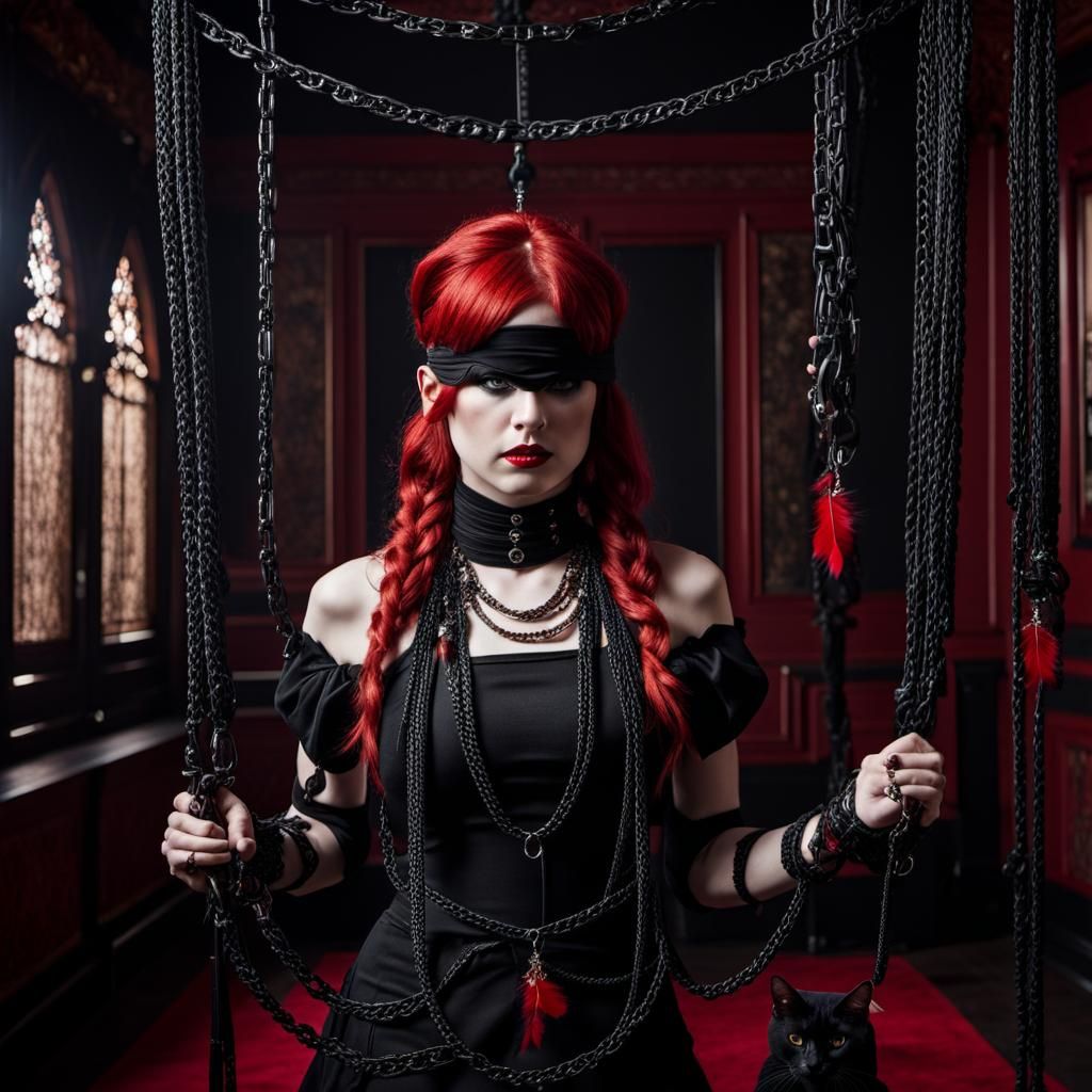 a red haired  woman bound (shibari 1.4) wearing a (blind fol...