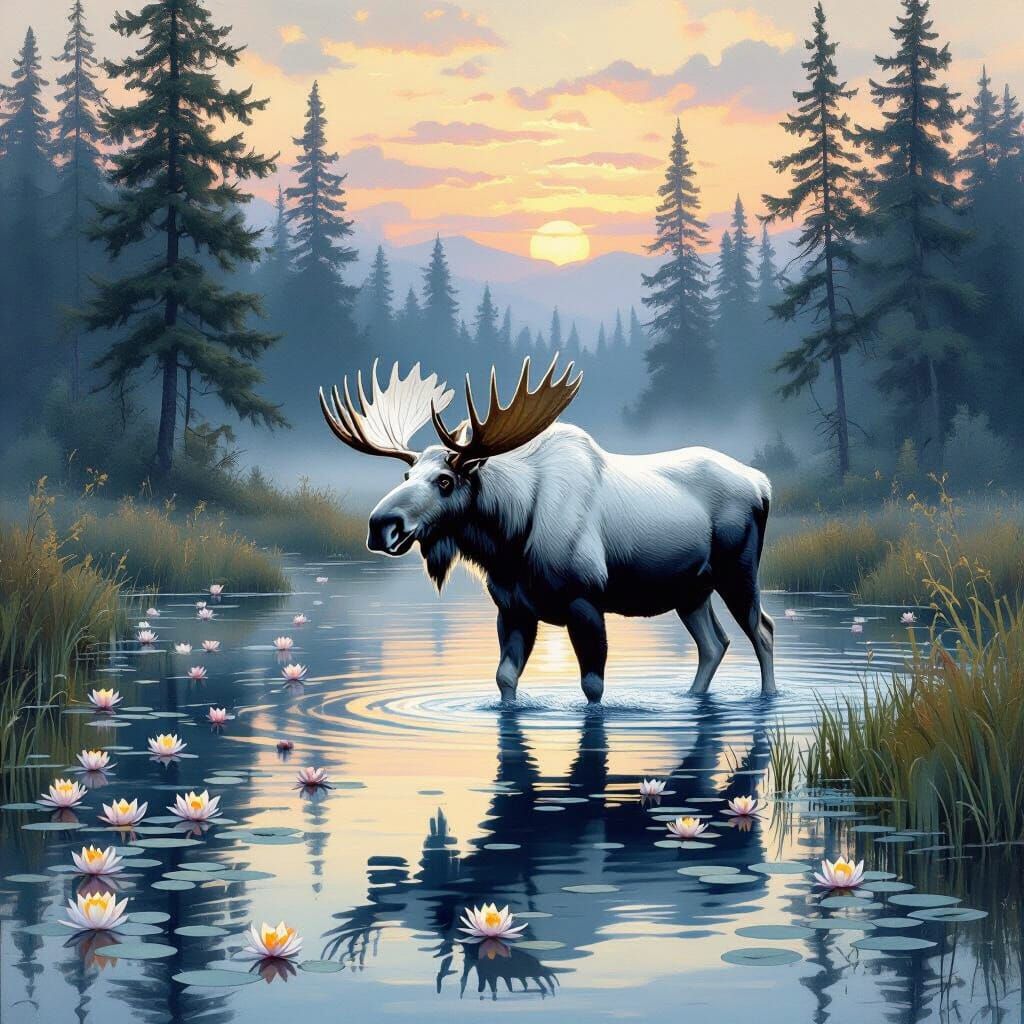 Majestic White Moose in Misty Waters at Dawn