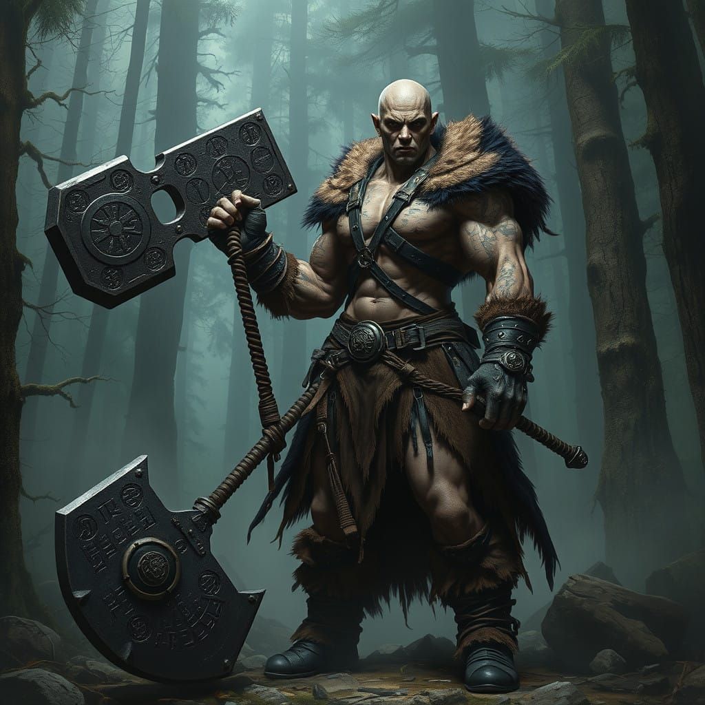 Fearsome Savage Woman in a Misty Forest