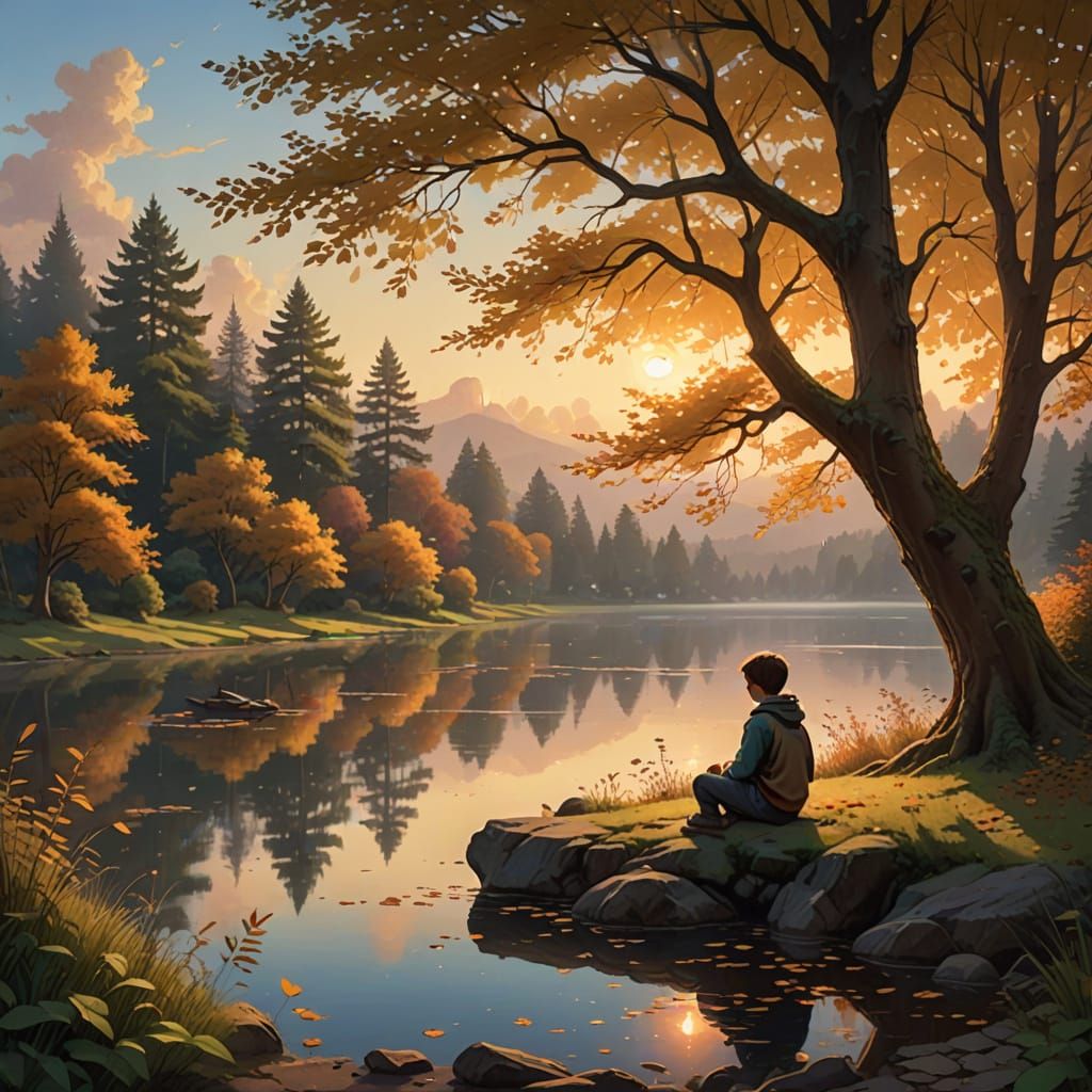 Child Contemplating Serene Lake at Dawn